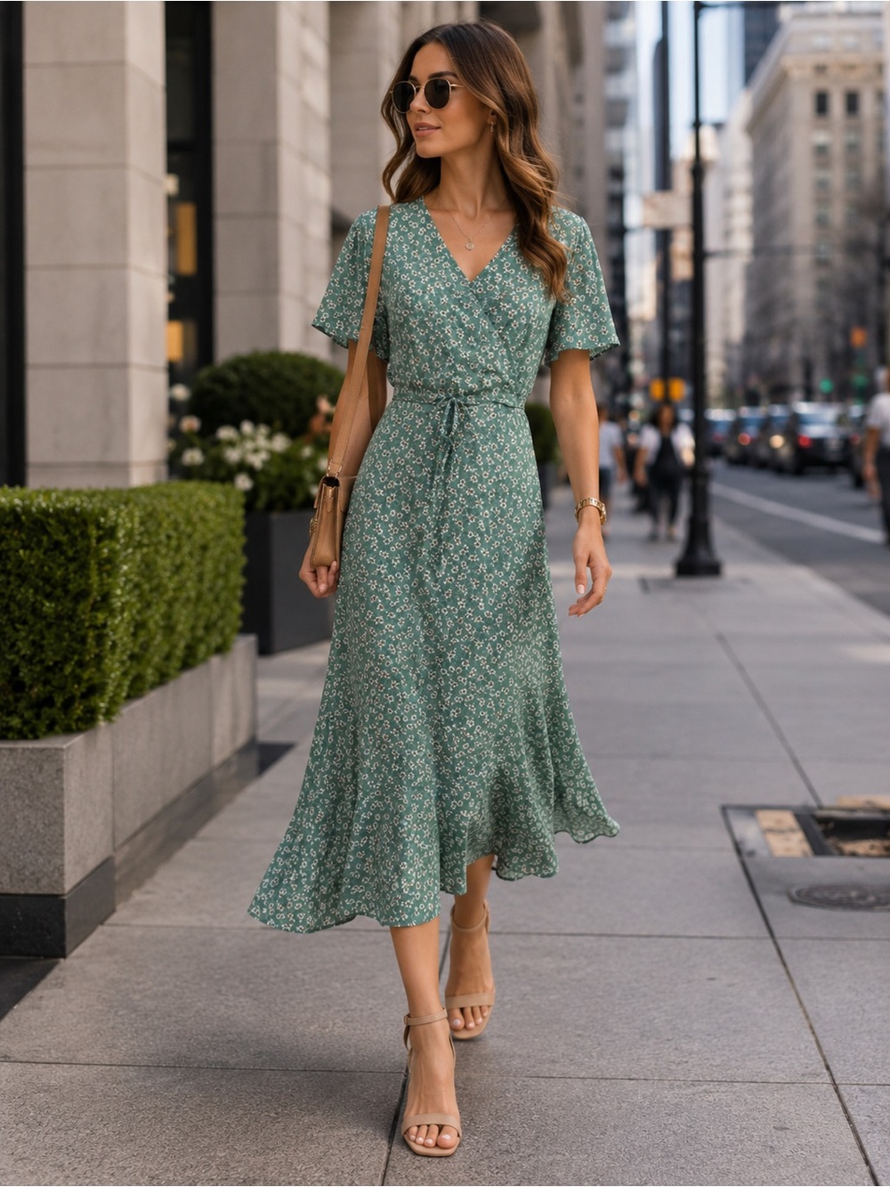 PRETTYGARDEN Women's Green Floral Wrap Maxi Dress with Tie Waist L